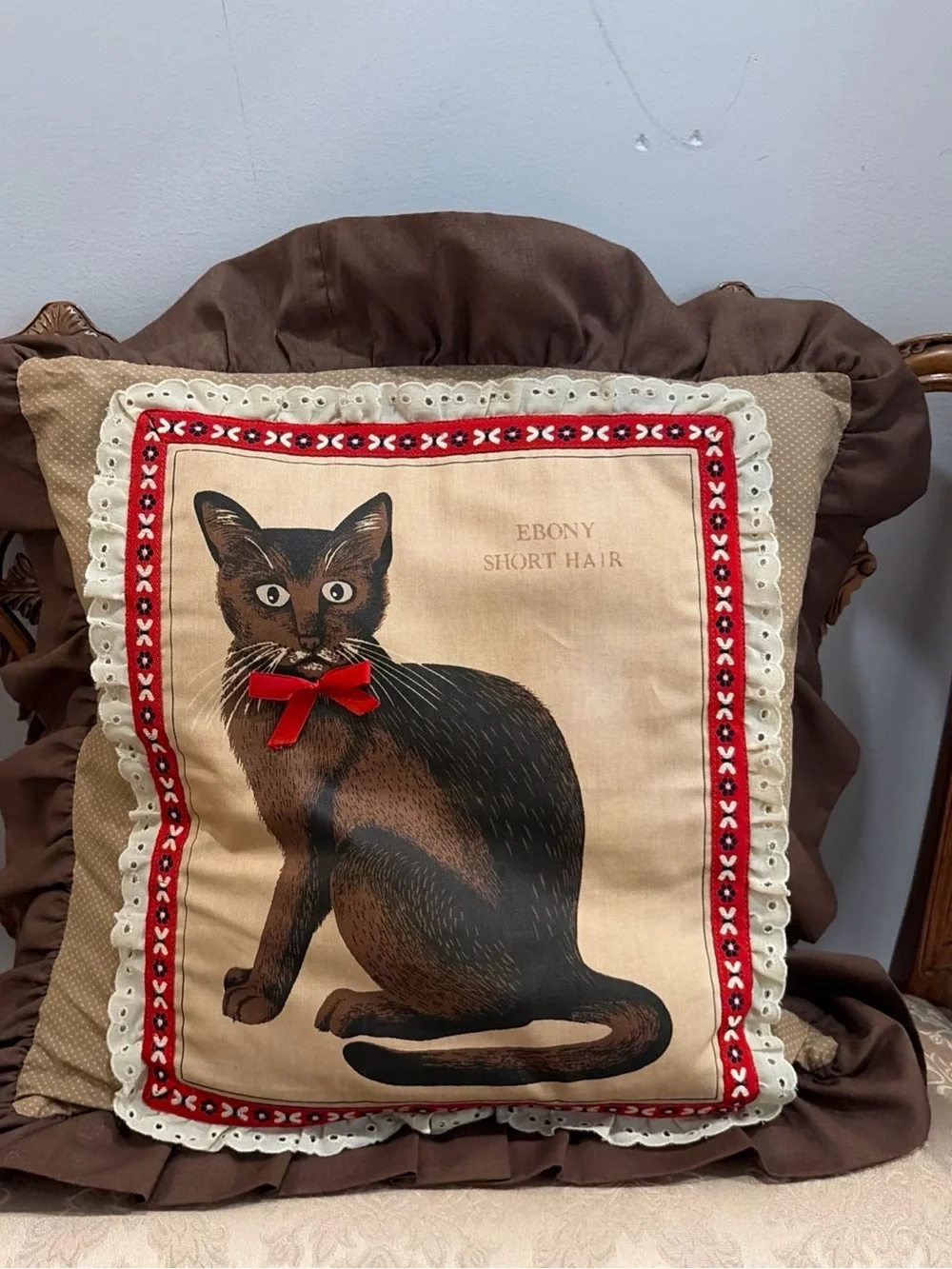Vintage Cross Stitch Cat Pillow Brown Print 14x14 GrannyCore Cottage Kitty throw